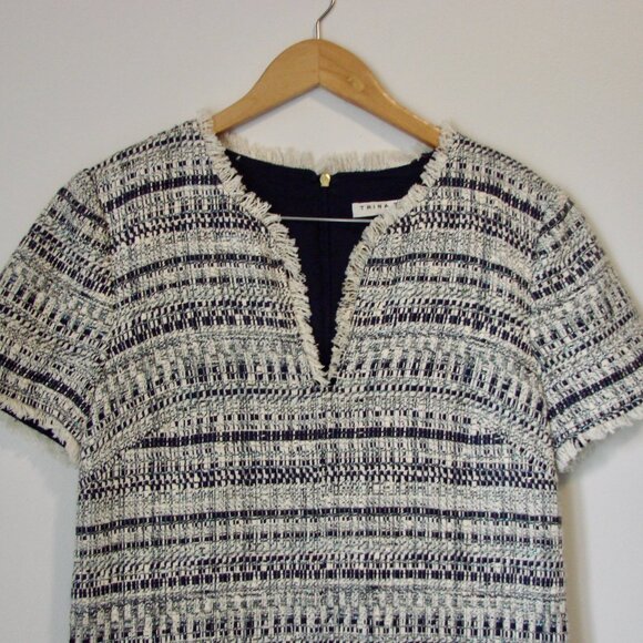 Trina Turk Tweed Midi Dress Navy White Shift V-neck Fringe Business Office 8 - Picture 2 of 16